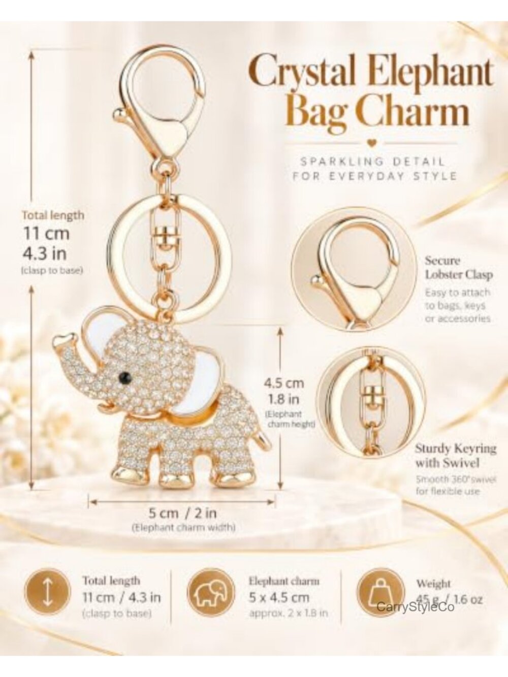 Crystal Rhinestone Elephant Keychain Bag Charm - Picture 3 of 6